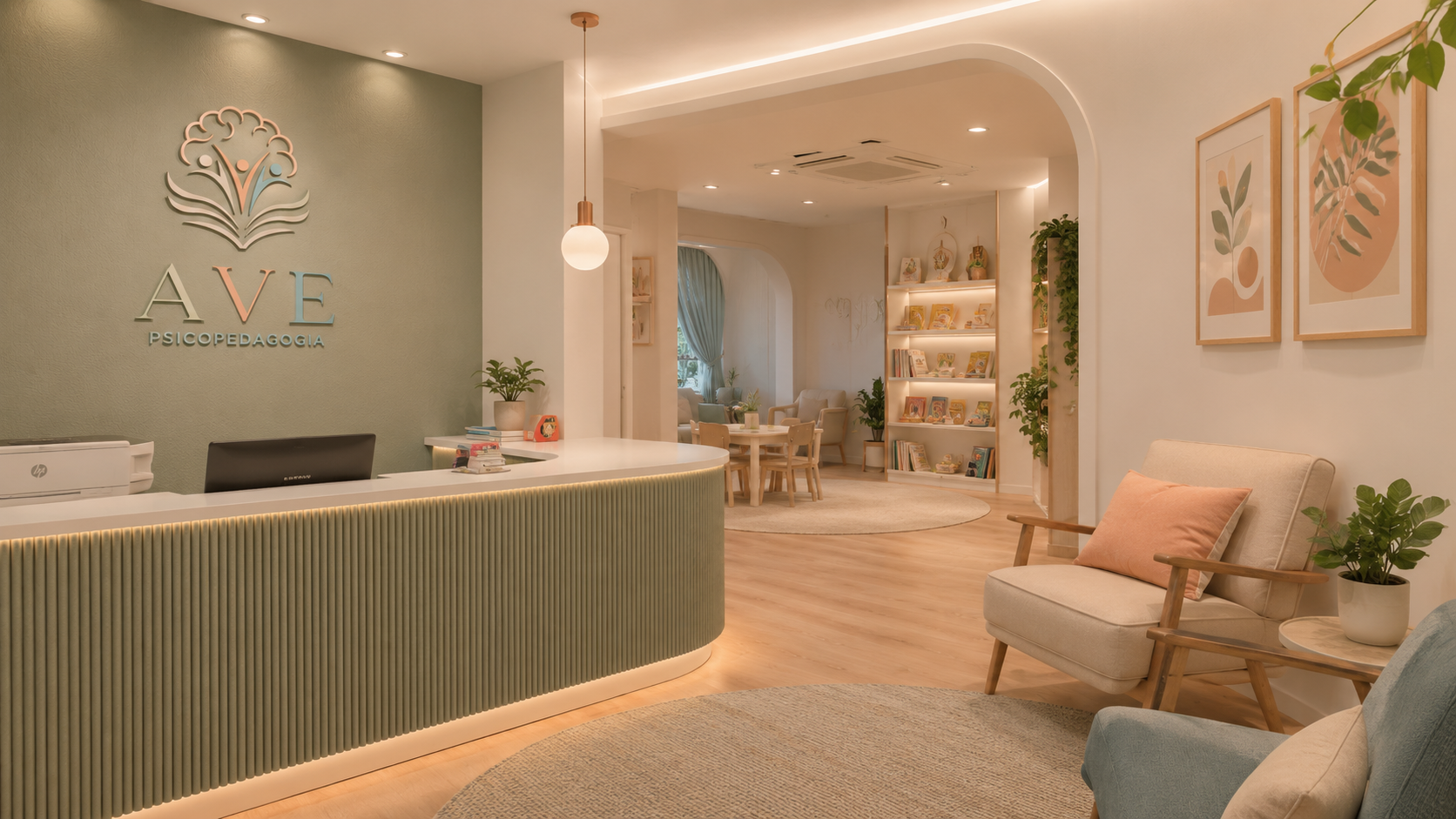Recepção acolhedora da AVE Psicopedagogia com paleta em sage, coral e off-white